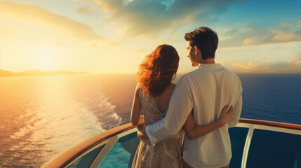 Love in honeymoon. Couple hug and watch sunrise at sea on cruise ship - obrazy, fototapety, plakaty