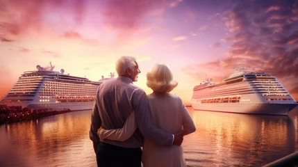 Fotobehang Senior summer trip. Mature elderly couple in love by two cruise ships at sunset © Carlos