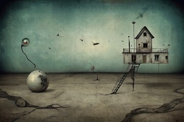 Surreal landscape in gloomy colors and grunge paper texture.
