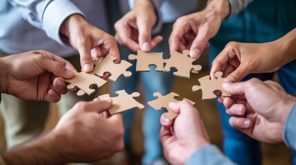 Collaborative effort: office stuff individuals joining puzzle pieces together, captured in close-up from a top-down perspective.