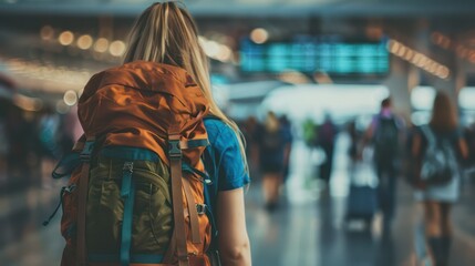 In a bustling airport terminal, a female traveler with a backpack checks the flight information board. - obrazy, fototapety, plakaty