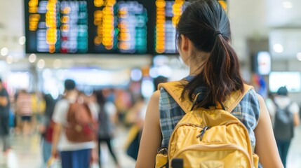 A female traveler wearing a backpack, checking the flight information board in a bustling airport terminal - obrazy, fototapety, plakaty