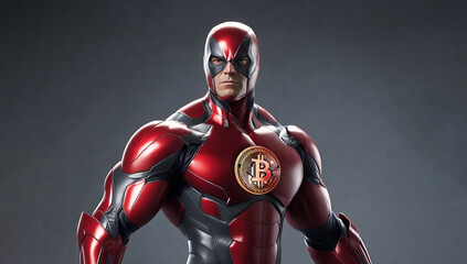 Fototapeta na wymiar A superhero in a red suit with the bitcoin symbol prominently displayed on his chest, symbolizing the power and strength of cryptocurrency. Copy space
