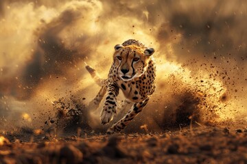 A cheetah is running in the desert at high speed to hunt its prey