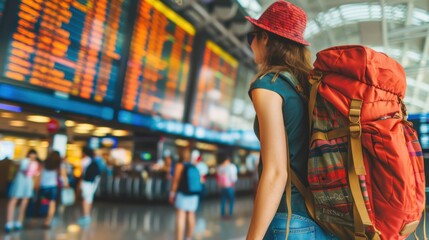 Obraz premium a female traveler is seen checking the flight information board in a bustling airport terminal