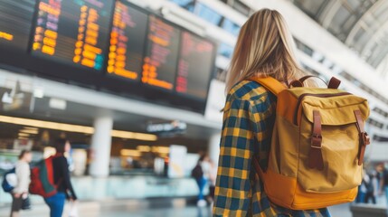 A female traveler wearing a backpack, checking the flight information board in a bustling airport terminal - obrazy, fototapety, plakaty