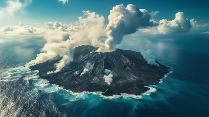 artificial intelligence image of a volcano in the middle of the water, a wonderful sight, huge, but very dangerous