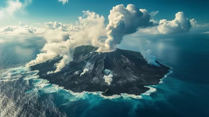Foto op Aluminium artificial intelligence image of a volcano in the middle of the water, a wonderful sight, huge, but very dangerous © Sndor