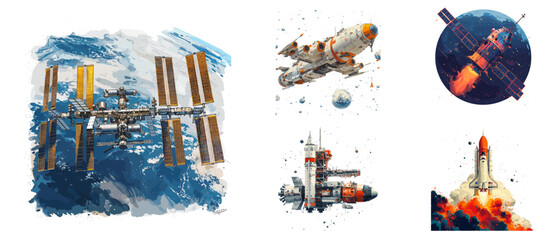 Space station, orbital facility, space exploration clipart vector illustration set - obrazy, fototapety, plakaty