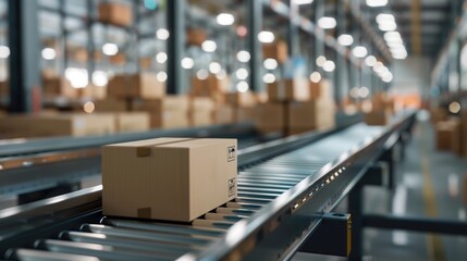 Modern Commerce: Dynamic E-Commerce and Automated Logistics. Conveyor Belt in a Distribution Warehouse, Loaded with Carefully Arranged Cardboard Box Packages Waiting to be Delivered. Generative AI.