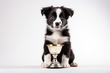 Portrait of a border collie puppy sitting with a golden goblet on a white background