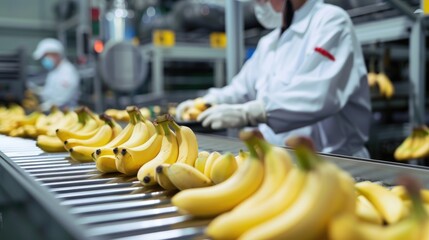Quality Control, Conveyor Belt in a Factory with Plantains or Bananas Passing Quality Control. Generative AI