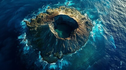 artificial intelligence image of a volcano in the middle of the water, a wonderful sight, huge, but very dangerous - obrazy, fototapety, plakaty