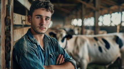 Young Rancher in the Stable with Dairy Cows in the Background. Generative AI. - obrazy, fototapety, plakaty
