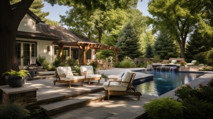 Backyard oasis of luxury villa with pool lounge area