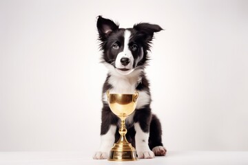 Portrait of border collie puppy Poses With Golden Trophy On White Background.