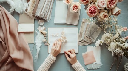 A beautifully arranged selection of wedding planning elements including delicate invitations, lace, and pastel florals on a rustic wooden surface..