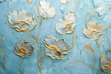 art nouveau floral background, gold metallic lines on a pastel blue background