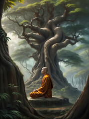 A monk in orange sits in front of a large tree. ai generative - obrazy, fototapety, plakaty