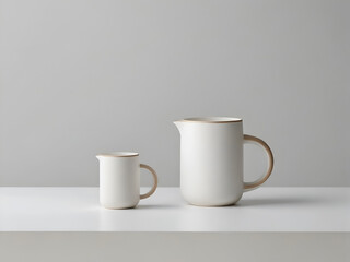Fototapeta na wymiar A white ceramic jug and a white ceramic cup with a beige rim and handle on a white background. ai generative