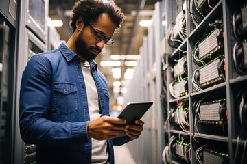 A bespectacled IT specialist uses a tablet in a data center, controlling network protection and cyber security