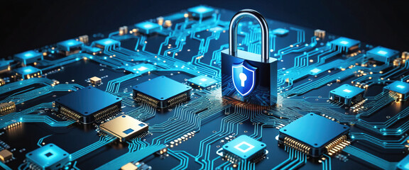 Protecting Data and maintaining Privacy with security concept - padlock on computer circuit board