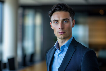 Fototapeta premium Portrait of young caucasian man with black hair and blue eyes dressed in corporate business wear, suit, standing confidently in the board meeting room. High quality photo