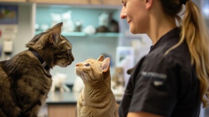 Veterinary day, heartfelt interaction between a female veterinarian and a cat in a clinical setting, capturing a moment of affection and trust