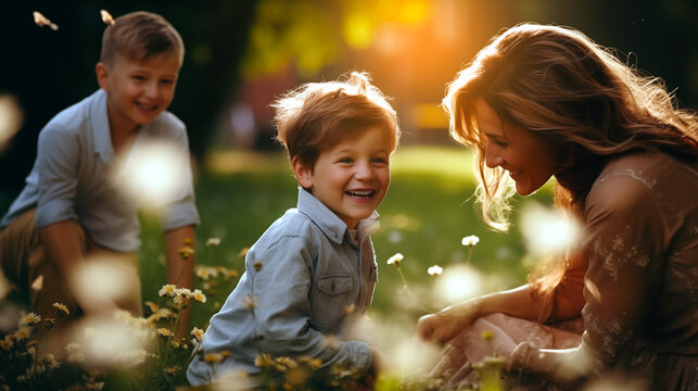 children playing with their mother in the park, Happy Childrens Day