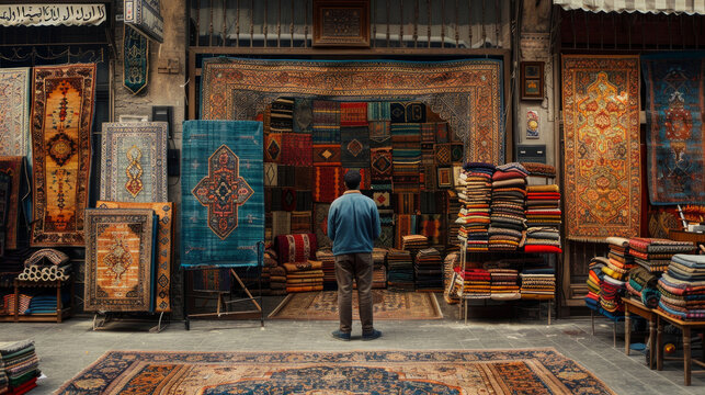  venditore di tappeti che mostra i suoi prodotti artigianali al mercato del Medio Oriente 