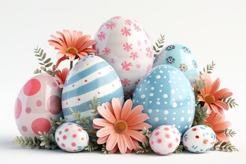 Easter 3D eggs and flowers on white background