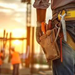 Close-up of construction workers tool belt with various tools on a high-rise construction site at sunset, showcasing industry safety and labor