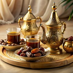 A Ramadan decor arrangement with an Arabian coffee set, traditional Arabic coffee, and dates.