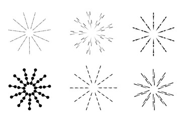 Obraz premium Sunburst vintage retro radial stripes element. Sunburst sunset icon. Set of brutalism figure shapes, minimalist geometric elements, star flower, fireworks frame design. Thin linear sun rays.