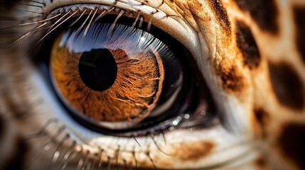 Detailed macro photography captures the intricate details of a giraffe's eye, framed by its distinctive skin pattern.