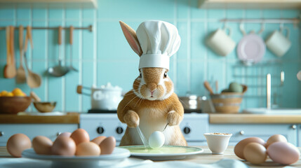 Osterhase als echter Hase in der Küche mit Kochmütze backt Oster Köstlichkeiten zum Osterbrunch Generative AI