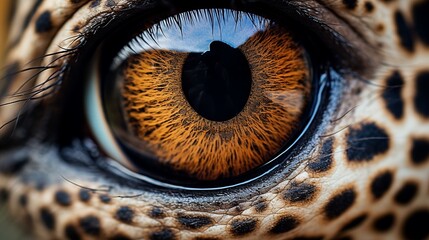 Detailed macro photography captures the intricate details of a giraffe's eye, framed by its distinctive skin pattern. - obrazy, fototapety, plakaty