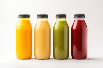 Several bottles of vegetable or fruit juice, isolated on a white background