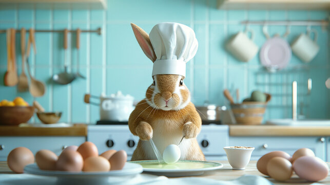 Osterhase als echter Hase in der K&uuml;che mit Kochm&uuml;tze backt Oster K&ouml;stlichkeiten zum Osterbrunch Generative AI