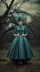 Fototapeta na wymiar Fashion portrait of a young woman in fantasy dress in surreal dark outdoor settings