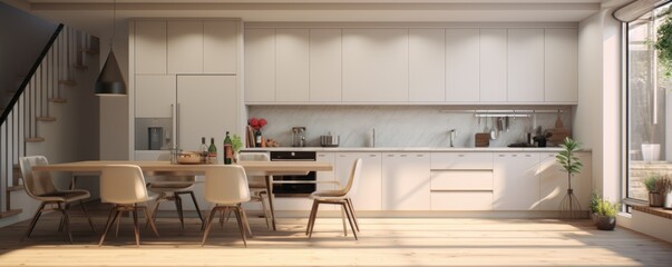 A spacious kitchen featuring minimalist design, clean lines, natural wood dining table, and large windows allowing for abundant natural light