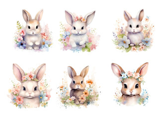 set of rabbits with flowers