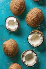 Top view of artistic arrangement of coconuts on textured teal background, perfect for tropical culinary themes and healthy lifestyle