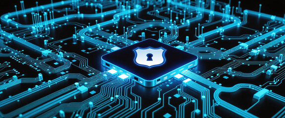 Protecting Data and maintaining Privacy with security concept - padlock on computer circuit board