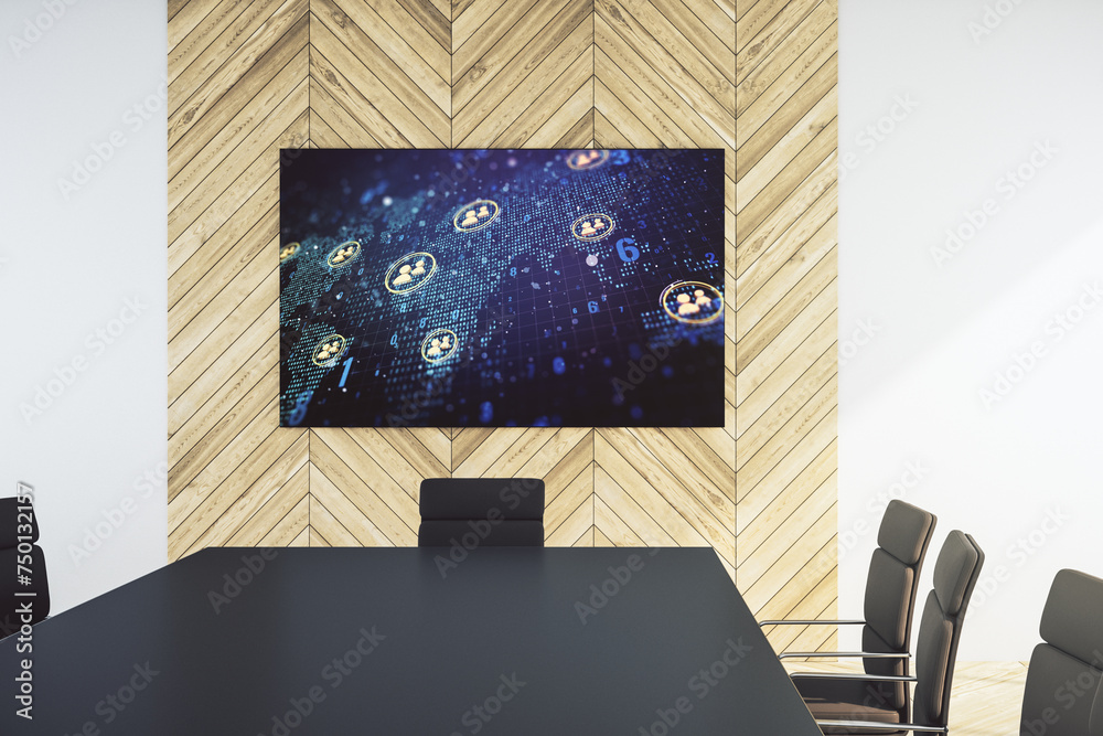 Aufkleber social network icons concept and world map on presentation monitor in a modern boardroom. networking