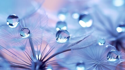 Dew drops delicately adorn a dandelion seed in macro view, set against a soft light blue and violet background, creating a dreamy and artistic image.