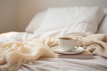Fototapeta na wymiar Inviting scene of a warm cup of coffee on a bed with soft linens and the gentle play of sunlight..