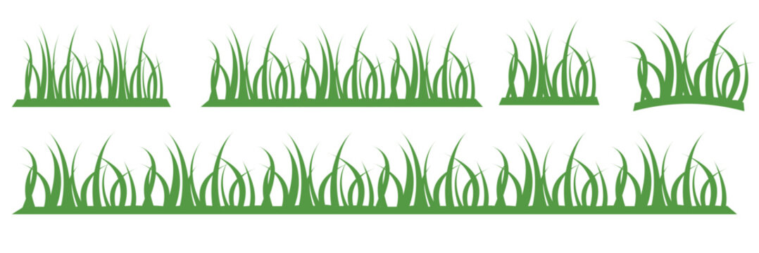 Green grass silhouette. Cartoon lines of plants and shrubs for boarding and framing, eco and organic logo element. Vector set spring bio field banner or fresh organic pasture.  white background.
