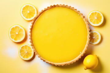 An uncut lemon tart with a vibrant yellow filling and flaky crust, surrounded by fresh lemons and green leaves on a yellow background..