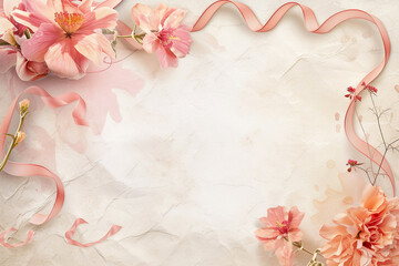 A heart shaped frame with pink flowers and ribbons on a white background